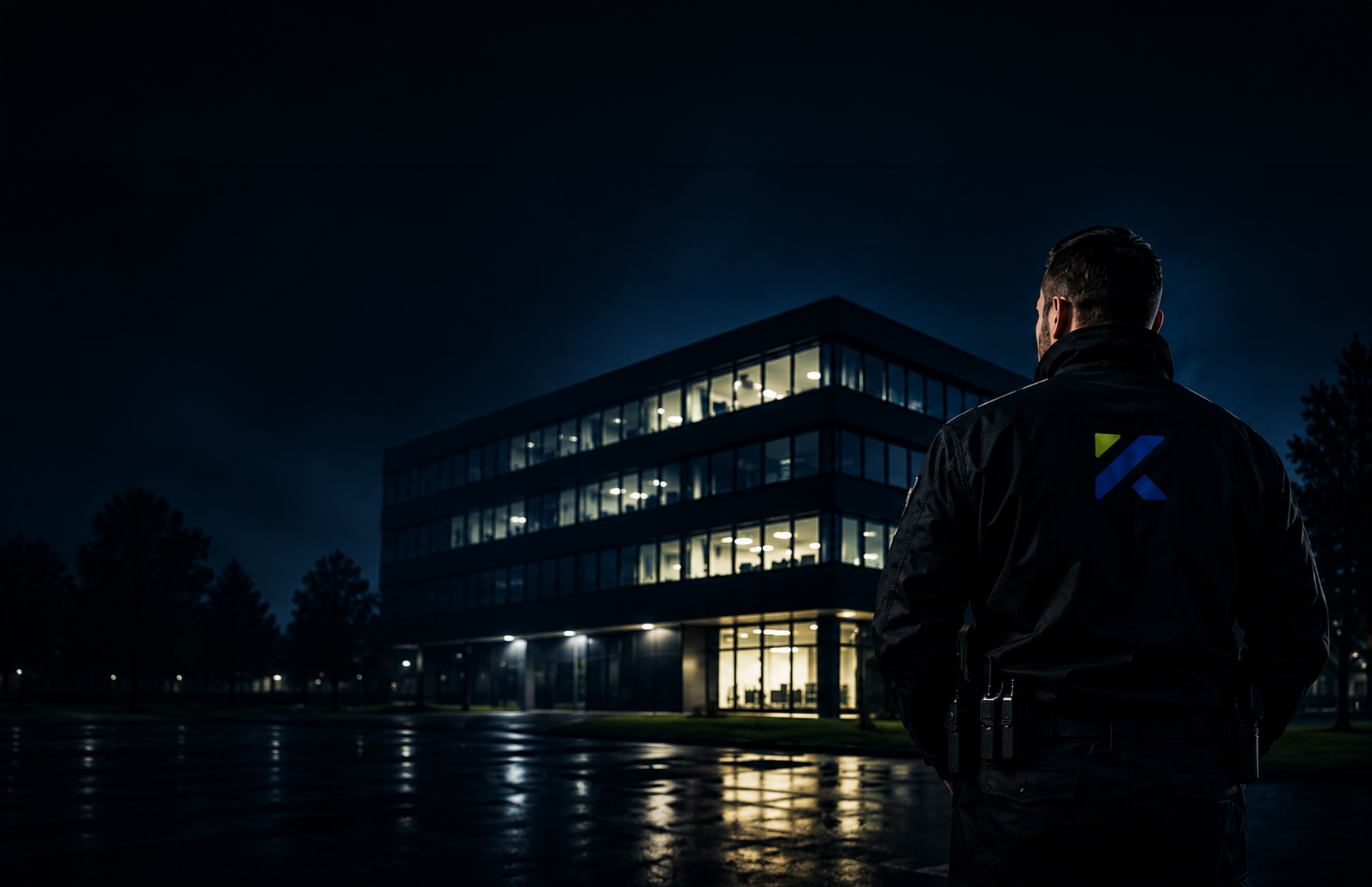 Sicherheitsmitarbeiter vor Bürogebäude