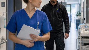Pflegekraft im Vordergrund, Sicherheitskraft unterstützend im Hintergrund