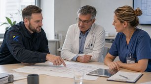 Sicherheitskraft bespricht gemeinsam mit medizinischem Personal ein Sicherheitskonzept